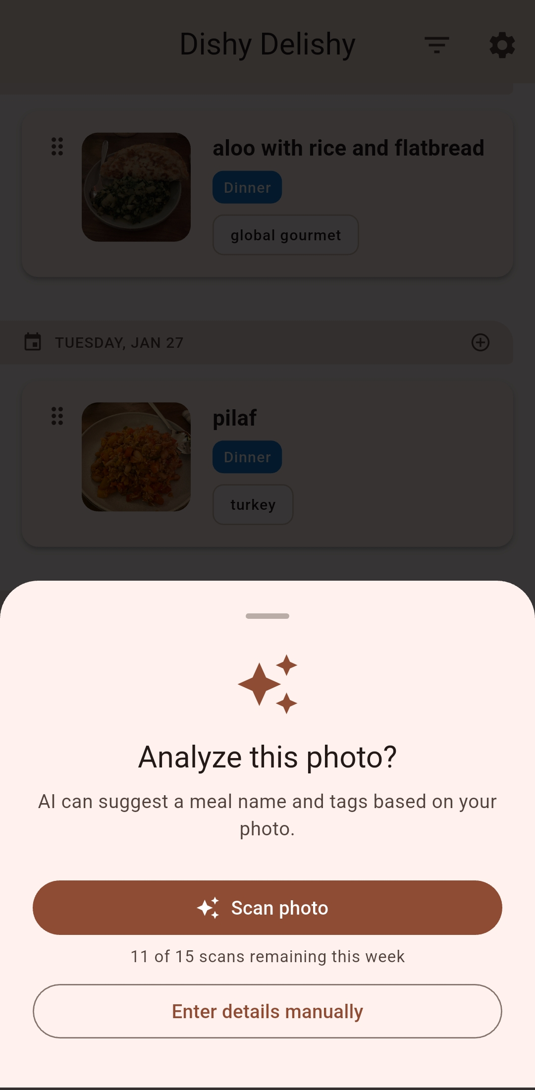 AI photo analysis prompt offering to suggest meal name and tags